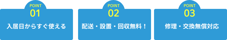 入居日からすぐ使える 配送・設置・回収無料！ 修理・交換無償対応